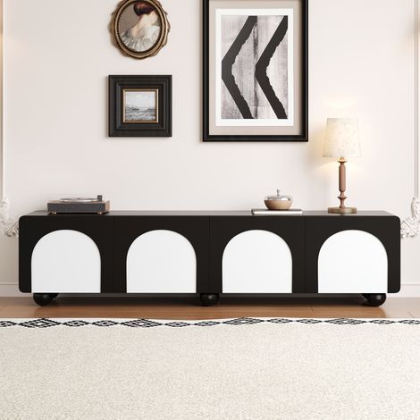 Meuble TV 180 cm avec 2 Portes Arches, 2 Tiroirs, Pieds Sphériques, Passe-Câbles, Grand Meuble TV Bas Rangement Salon Design Contemporain - Noir et Blanc (1/5)