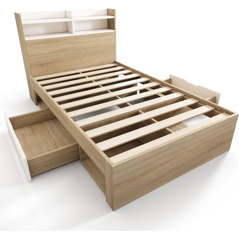 Cama individual 90 x 190 cm blanca y roble con cabecero estante, 2 cajones y almacenaje abierto (1/5)