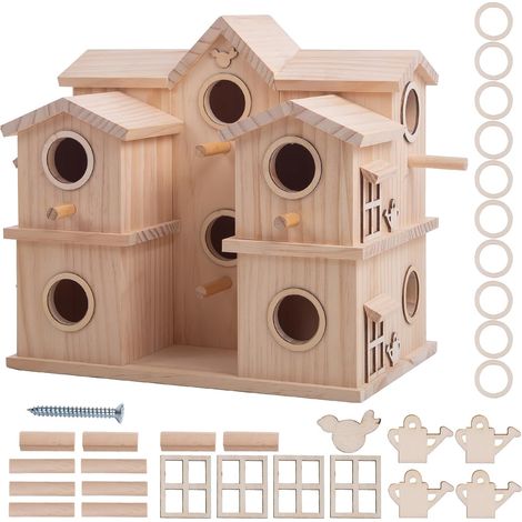 Nichoir à oiseaux en bois à plusieurs compartiments, 10 niches, pin naturel brut (1/5)