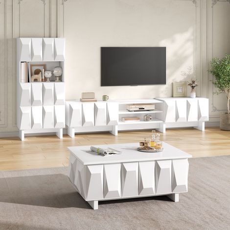 Ensemble Meubles de Salon 3 Pièces Meuble TV 180 cm Table Basse Vitrine Rangement Design Géométrique 3D Blanc (1/5)