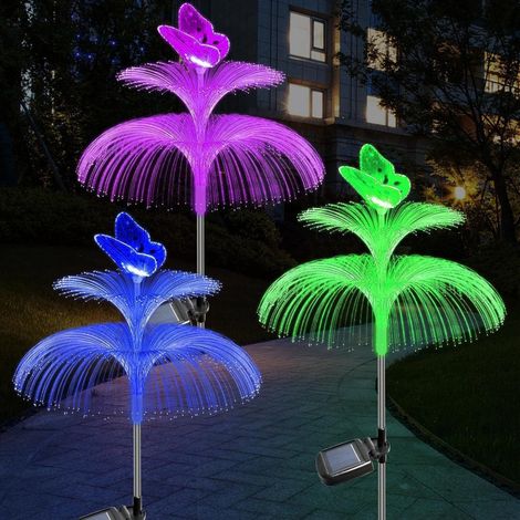 Lampe solaire LED en forme de méduse avec papillon, 7 couleurs, à planter dans la pelouse，Double couche, 3 pièces，Blanc (1/5)