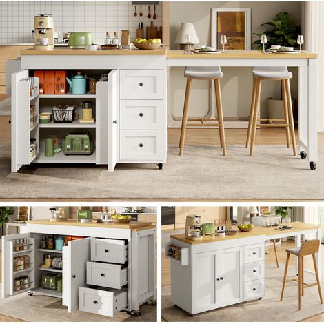 Îlot de cuisine extensible avec rangement 116–179,5 cm, plateau extensible jusqu'à max. 69,5 cm, avec 3 tiroirs, étagères latérales pour snacks et roulettes, blanc/noir (1/5)