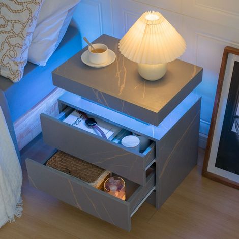 Comodino grigio e oro in legno ingegnerizzato con LED regolabili e 2 cassetti (1/5)
