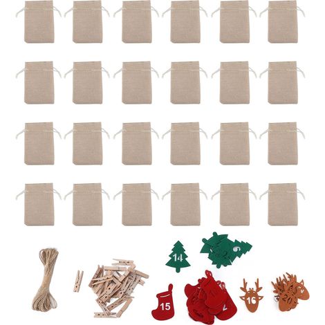 24 wiederverwendbare Adventskalender-Beutel mit Kordelzug – Countdown-Beutel für Süßigkeiten und Schmuckgeschenke – Beige (1/5)