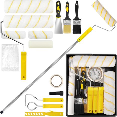 Lot de 18 rouleaux de peinture avec tige télescopique, barre d'extension en acier inoxydable de 1,2 m, rouleau de peinture, pinceau, grattoir, ruban crépon, rouleau de peinture murale pour mur (1/5)