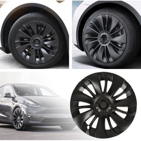 (T04) (Video verfügbar) 4 mattschwarze Radkappen für 19-Zoll-Felgen des Tesla Model Y (2020–2023), 14 Speichen, ohne Markierungen. Symmetrisches Design, extra groß und robust. (1/5)