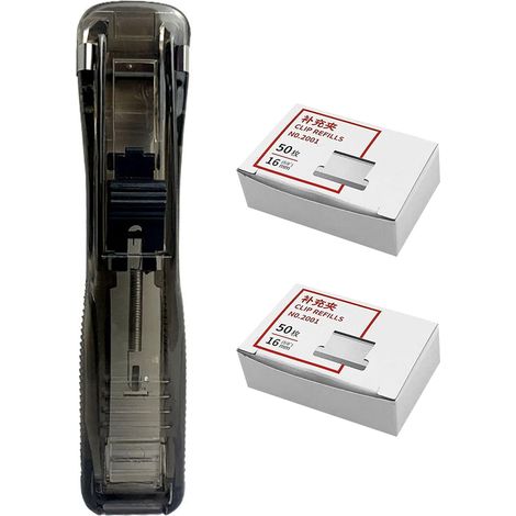 Agrafeuse de bureau portable noire avec 1 et 100 clips rechange (1/5)