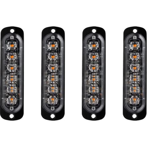 4pcs 12-24V Ultra Mince Voyant Barre D'alarme Stroboscopique d'urgence Lampe- 6 LEDS Bande lumineuse D'avertissement de Flash Camion Moto Voiture - Ambre & Blanc