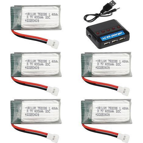 3,7 V 400 mAh Lipo-Batterie 20 C avec connecteur Molex pour avions RC, mini-drones, quadricoptères, modèles d'avions, batterie avec chargeur 5 en 1 (lot de 5) (1/5)