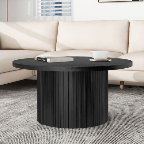Tavolino da caffè rotondo 90x90x45 cm, design basso salvaspazio, finitura effetto legno, base a strisce, MDF e legno massello nero (1/5)
