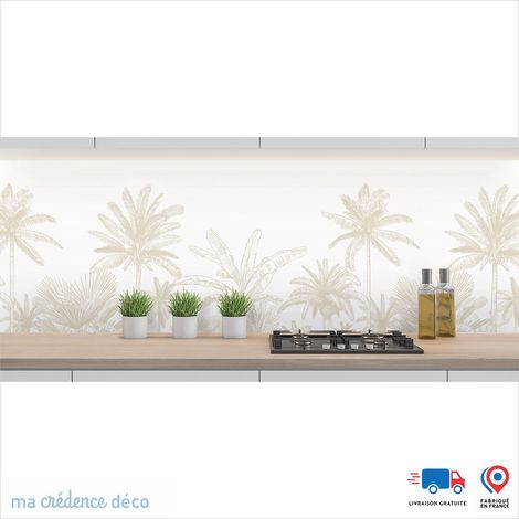 Crédence : Dessin Jungle et palmiers - Couleur Blanc perle - Alu composite - 60 - 120 (1/3)