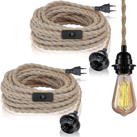 Lot de 2 suspensions avec interrupteur, câble en chanvre de 4,5 m, douille E27 pour hall d'entrée, cuisine, table à manger, bar (ampoule non incluse)