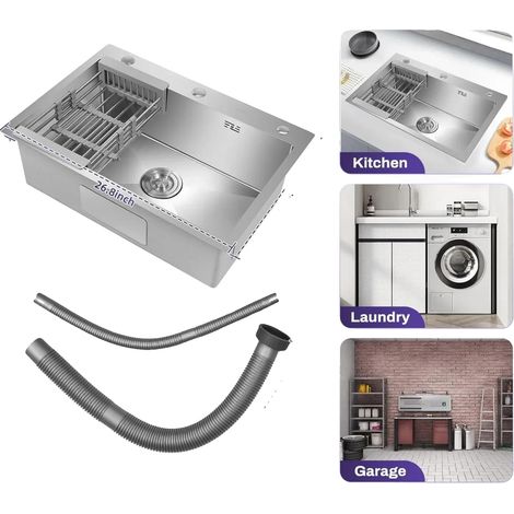 Évier de cuisine, 45 cm x 66 cm, Acier inoxydable 304, Monobloc, Installation en encastrement/sous plan, Sortie de drainage de 3,54 pouces (1/5)