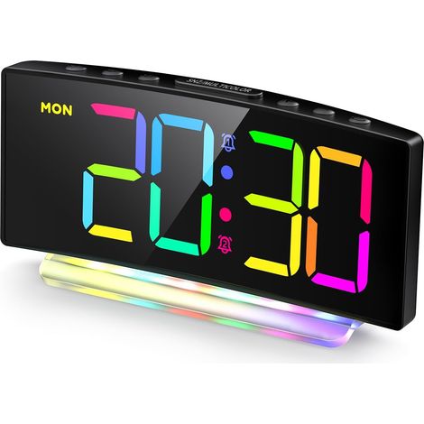 Gebogener digitaler LED-Wecker mit RGB-Beleuchtung, Dual-Alarm, 12/24-Stunden-Anzeige, einstellbarer Helligkeit (Netzteil im Lieferumfang enthalten)