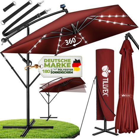 tillvex® Alu Sonnenschirm Rechteckig Ø 330 cm mit LED Solar Rot + Abdeckung mit Kurbel Ampelschirm mit Ständer & Windschutz Gartenschirm UV-Schutz, wasserdicht, 360° drehbar Kurbelschirm Marktschir (1/5)