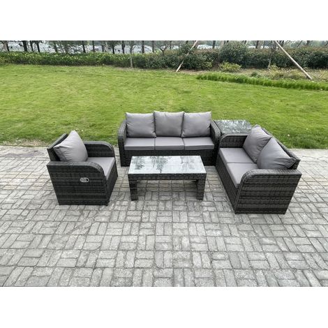 Fimous 6 Seater High Back Rattan Garden Furniture Set with Loveseat Sofa Rectangular Coffee Table Side Table Indoor Outdoor Patio Lounge Sofa Set Dark Grey Mixed