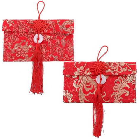2 enveloppes rouges pour le Nouvel An chinois, avec dorure à chaud et pochettes en brocart rouge-18X10.5X1CM (1/3)