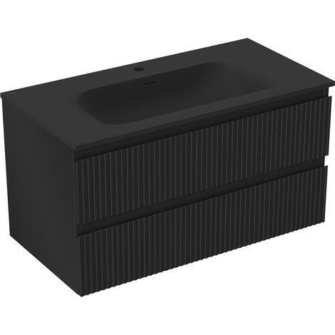 Mexen Rivel Badezimmerunterschrank 90 cm mit Waschbecken Vela, 2 Schubladen, gerillt, schwarz matt - 91A20-09047-2-BFF71-W23M71 (1/5)