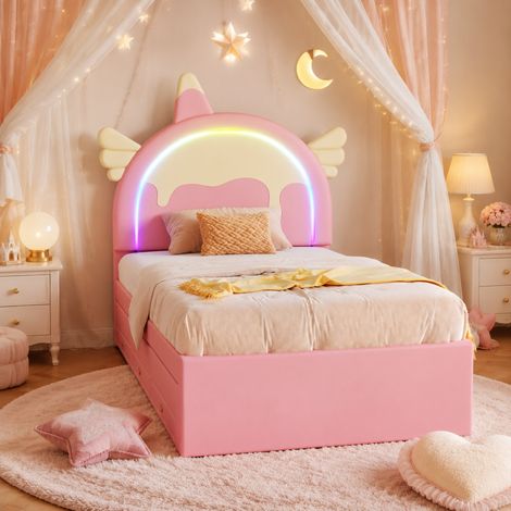 Cama infantil 90x200 cm en PU rosa con cama nido, almacenaje, sin colchón FloraGrace (1/5)
