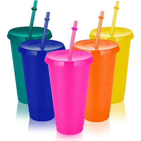 5 Pcs Tasse en Plastique Réutilisable Gobelet Verres, 700 ml Gobelet avec Paille et Couvercle Réutilisables en Plastique Coloré à Paillettes pour café glacé et smoothie (1/5)