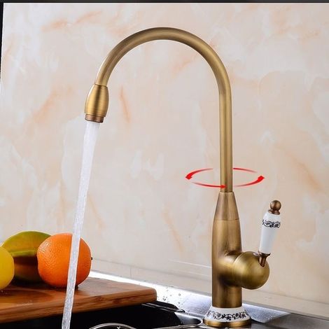 Robinet de cuisine en bronze antique avec mitigeur en céramique et robinet d'évier Crane pour eau chaude et froide. (1/5)