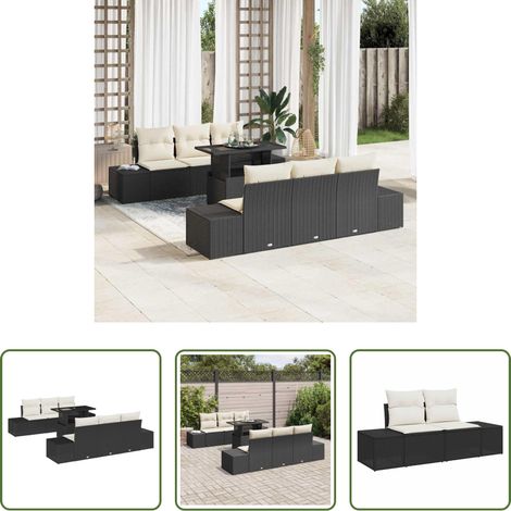 Poly-Rattan - Sofa Set mit Kissen 7 pcs Schwarz und Creme Poly-Rattan (1/5)
