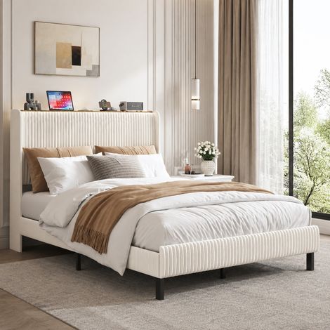 DESMIU Lit adulte 140 × 200 cm 2 places avec tête de lit, 13 lattes métalliques et 9 pieds, sans matelas, en corduroy, beige et crème (1/5)