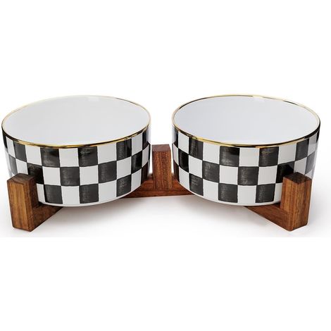 Ceramic Dog Bowls with Walnut Wood Stand, Double Bowl for Dogs and Cats, for Food and Water, Non-Slip Stand, Five Leaf Clover and Honeycomb (2 Pcs 900ml) (1/5)