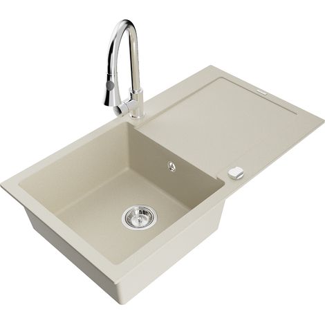 Mexen Leo fregadero de granito de 1 cubeta con escurridor y grifo de cocina Elia, beige - 6501-69-670101-00 (1/5)
