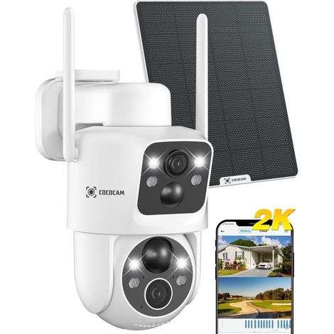 2K Camera Surveillance WiFi Exterieure sans Fil Double Objectif Double PIR, Batterie 10000mAh, 6W Panneau Solaire, 355°P 90°T, Vision Nocturne Couleur (1/5)