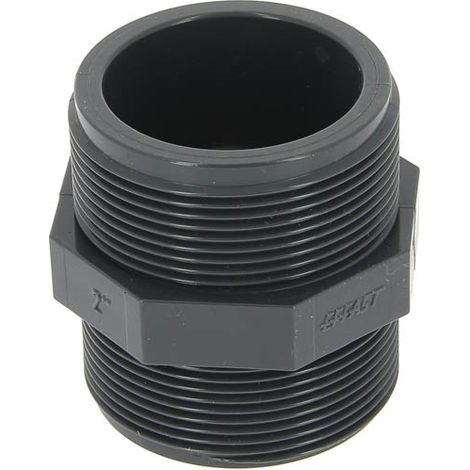 Raccord PVC pression mâle-mâle 50-60 – Double filetage 2" – Étanchéité avec ruban téflon – Pression nominale 10 bars