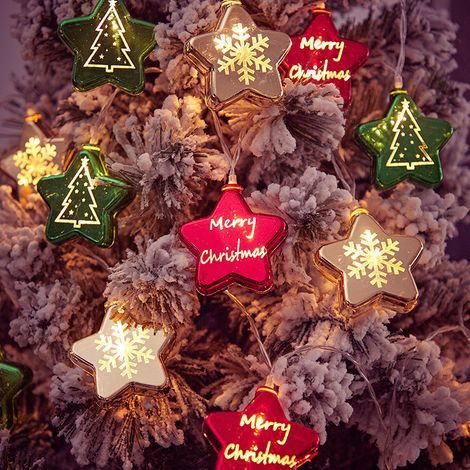 Weihnachtskugel-Lichterkette, Schneeflocken-Pentagramm-Spiegel-Dekorationslichter, galvanisierte Sterne, Schlafzimmerdekoration, Weihnachtslichterkette (Stern, 2 m, 10 Lichter) (1/4)