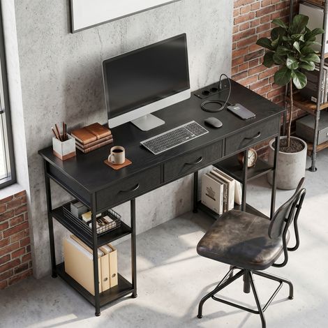 Bureau avec prises courant, 3 tiroirs tissu 4 étagères. 120x40x76 cm noir, fonctionnel et design pour un espace de travail contemporain et organisé. (1/5)