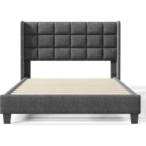 Cama doble tapizada 140x200 cm con somier de láminas gris efecto lino (1/5)
