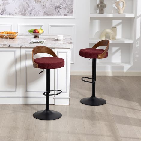 Juego de 2 taburetes de bar giratorios 360° ajustables (62-83 cm) con respaldo y reposapiés, tapizados en lino rojo burdeos. (1/5)