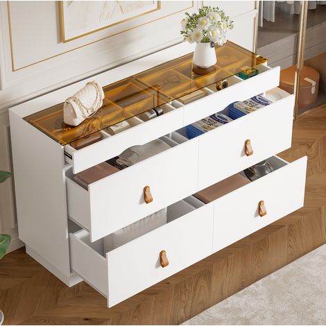 Cómoda joyero de aglomerado blanco con tapa de vidrio, 6 cajones con compartimentos, 120x40x78 cm (1/5)
