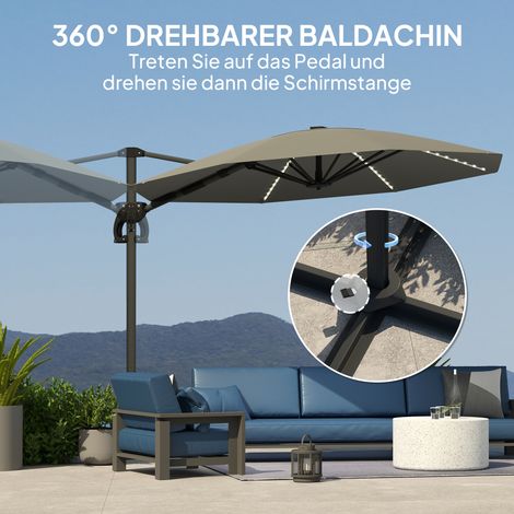 Parasol déporté aluminium avec éclairage solaire LED, Ø 300 cm, hauteur réglable, pied à manivelle, protection UV50+, gris anthracite