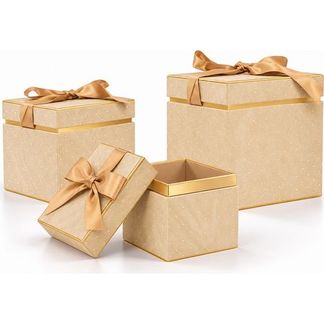 Set 3 Scatole Quadrate Decorazione Natalizia Champagne 16/20/25cm Scatola Fiocco (1/5)
