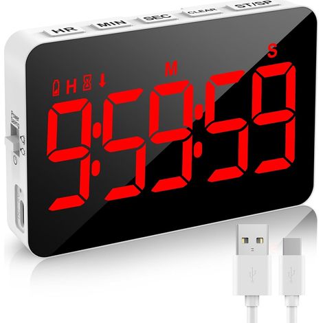 Minuteur de Cuisine LED Rechargeable - Chronomètre & Compte à Rebours Digital, Luminosité et Volume Réglables, Aimanté pour Cuisine, Réunion, Classe (Câble de Charge Inclus) (1/5)