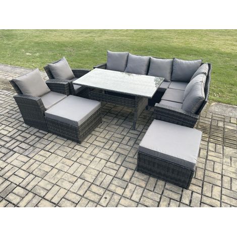 Fimous 10 Sitzer Garten Rattanmöbel Ecksofa Esstisch Sessel Set mit 2 Großer Hockern 2 Sesseln (1/5)