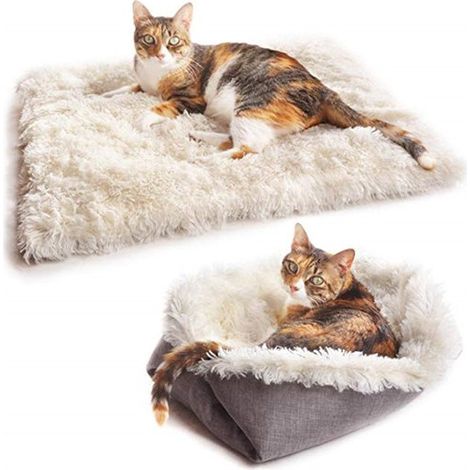 Coussin lit pour chat 2 en 1 - Couverture auto-chauffante - Canapé doux et moelleux - Blanc - 61 x 51 cm - Panier pour chat (1/5)