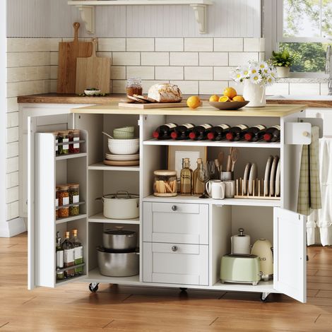 Îlot de cuisine mobile avec plan de travail rabattable, chariot de cuisine, armoire de rangement, buffet avec porte-serviettes, tiroir, casier à vin intégré et roulettes verrouillables, 104 × 45 (69 (1/5)