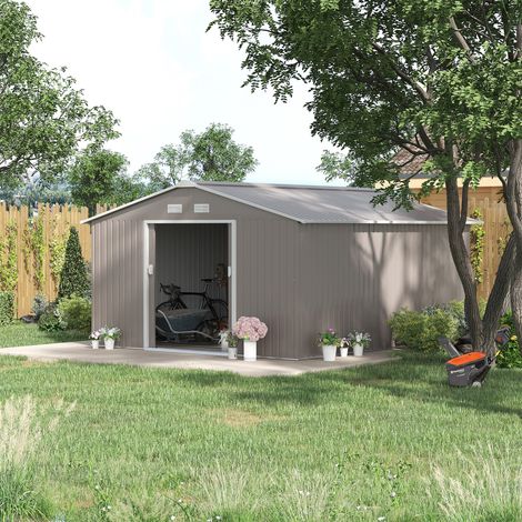 Abri de jardin de 12,4 m², toit pentu, porte coulissante, fondations, 340 x 386 x 200 cm, en acier galvanisé, résistant aux intempéries, pour le jardin, gris anthracite (1/4)