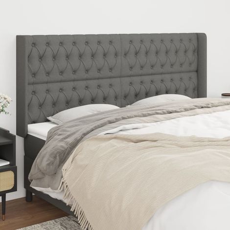 Tête lit de avec oreilles pour lit double, Cadre de lit, Tableau décoratif de chevet Gris foncé 203x16x118/128 cm Tissu CDE62931 (1/5)