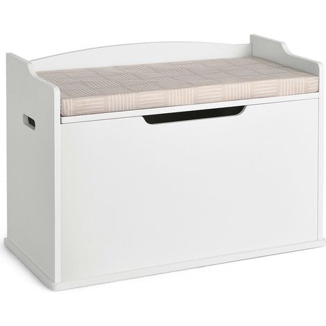 Coffre de rangement en bois pour jouets avec couvercle relevable, banc coffre avec coussin et charnière - blanc (1/5)