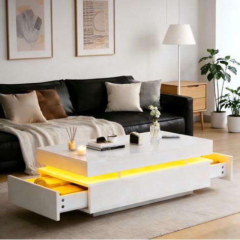 Couchtisch Wohnzimmertisch Aufbewahrung Schubladen LED Weiß OKMYHOME (1/5)