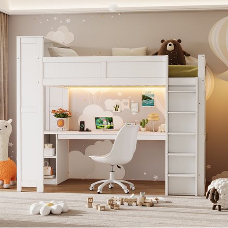 Cama alta 90x200 cm de MDF y madera blanca con escritorio, ahorra espacio, sin colchón – MEUBLIV (1/5)