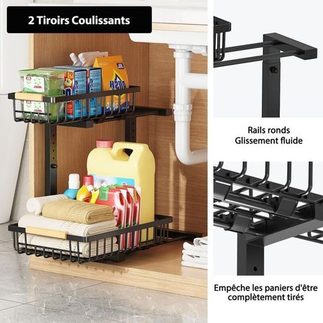 Bardusch - Organizzatore sottolavello a 2 livelli con cassetti scorrevoli, altezza regolabile 42,5 cm, organizer per lavello da cucina a forma di L, contenitore in metallo per cucina e bagno (1/3)