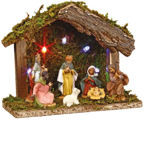 Fééric Lights And Christmas – Crèche de Noël lumineuse 13,5 cm avec 7 santons en résine – 5 LED pour illumination chaleureuse – Décoration en bois naturel