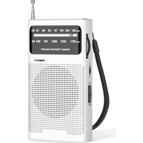 Small radio, portable FM/AM radio, pocket battery-powered radio, excellent reception and sound quality, white (1/5)